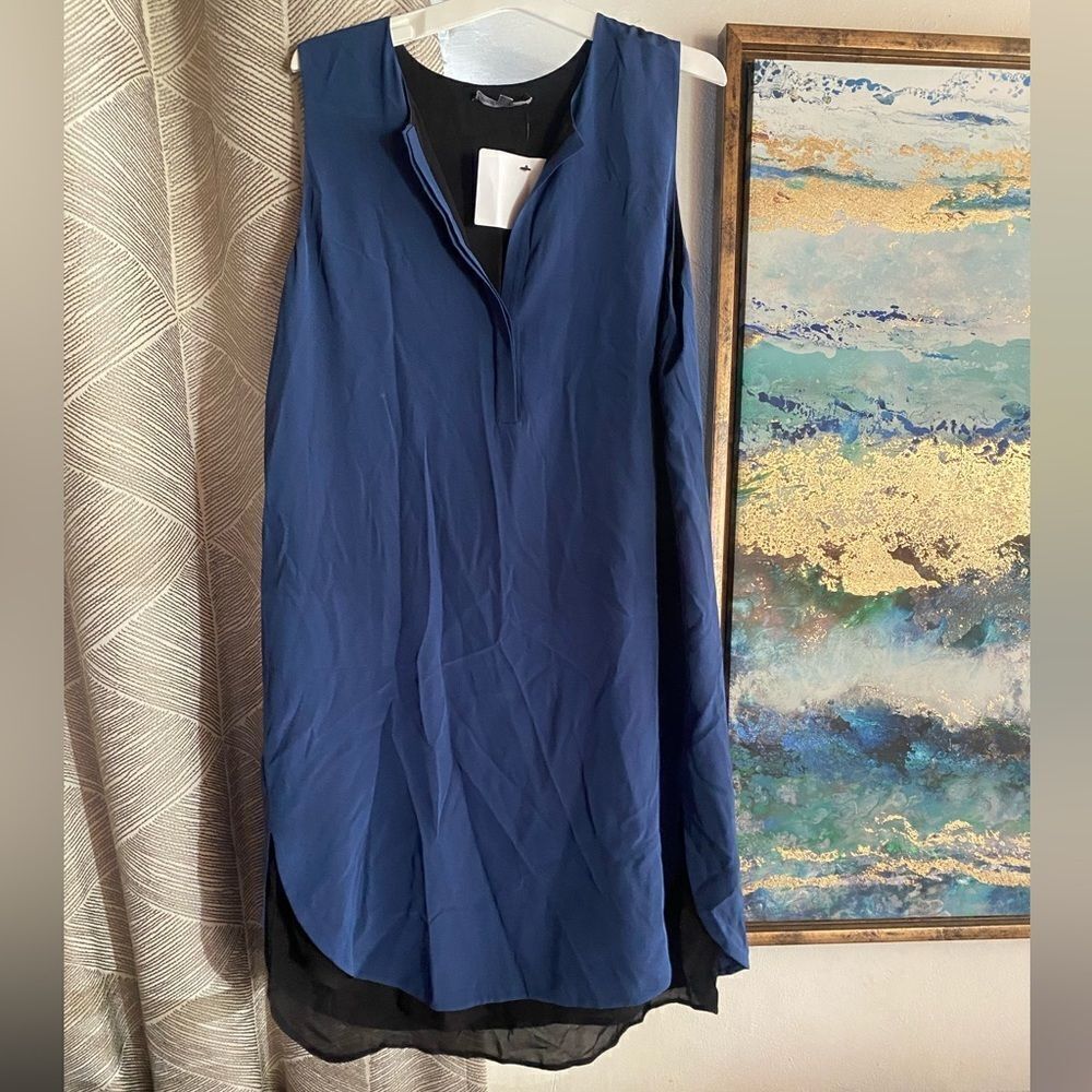 Vince Womens  Size M Split Hem 100% Silk Sleeveless Dress Blue Black Shift